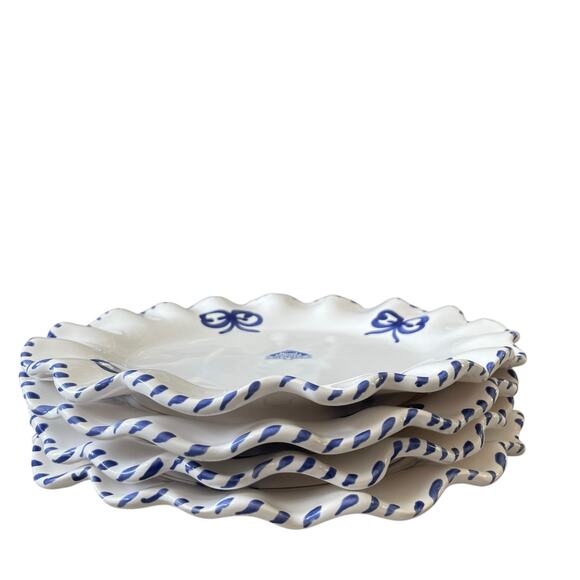 La Ceramica Italy Blue Bow Scalloped Edge Dinner Plates 10.75" Set of 4 New - Picture 4 of 13